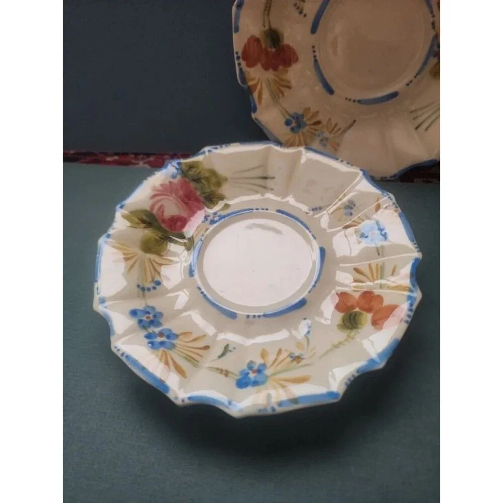 Vtg Nove Rose Italian Majolica Saucers Set of 2 Scalloped Floral Plates Italy